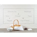 Word Tile splashback panel with names of afternoon tea words and illustrations like cake stands, flapjack and shortbread framed with a border.