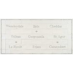 Word Tile splashback panel with names of cheeses like brie, Gorgonzola and Edam framed with a border and diamond tiles