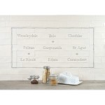 Word Tile splashback panel with names of cheeses like brie, cheddar and Camembert framed with a border and diamond tiles