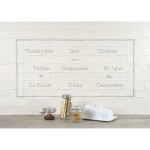 Word Tile splashback panel with names of cheese like Edam and Brie and illustrations of a cheese boards
