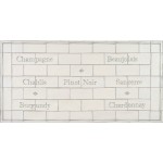 Word Tile splashback panel with names of wine like pinot noir, champagne and chardonnay framed with a border and diamond tiles