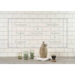 Word Tile splashback panel with names of wine like pinot noir, champagne and chardonnay framed with a border and diamond tiles