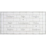 Word Tile splashback panel with names of herbs like basil, lemongrass and chives framed with a border and diamond tiles