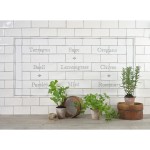 Word Tile splashback panel with names of herbs like basil, lemongrass and chives framed with a border and diamond tiles