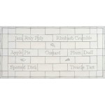 Word Tile splashback panel with names of great british puddings and illustrations like cakes framed with a border.