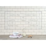 Word Tile splashback panel with names of great british puddings and illustrations like cakes framed with a border.