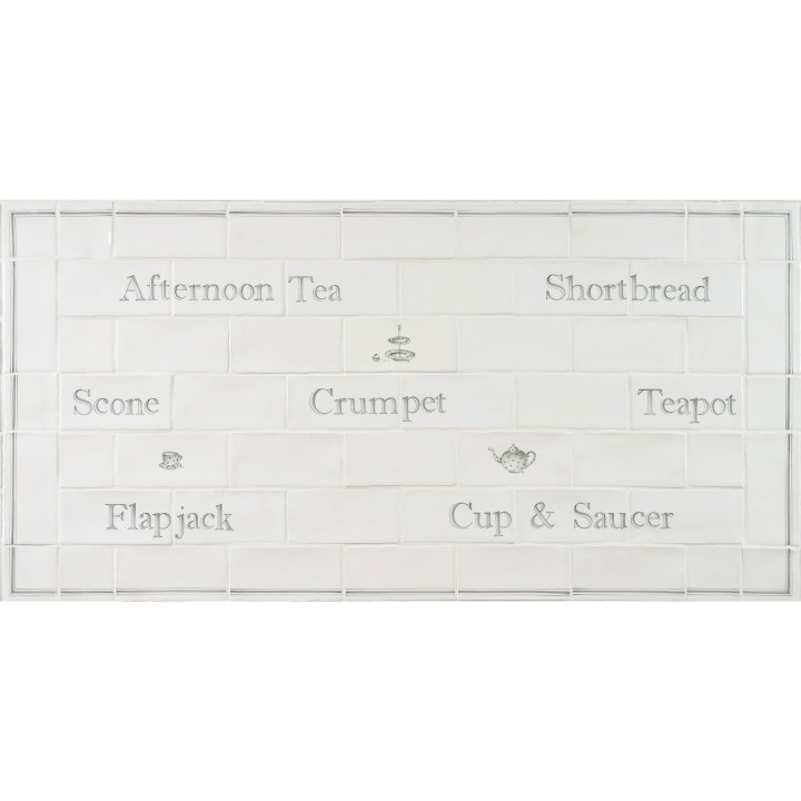Cut out of word tile splashback panel with names of afternoon tea words and illustrations like cake stands, flapjack and shortbread framed with a border.