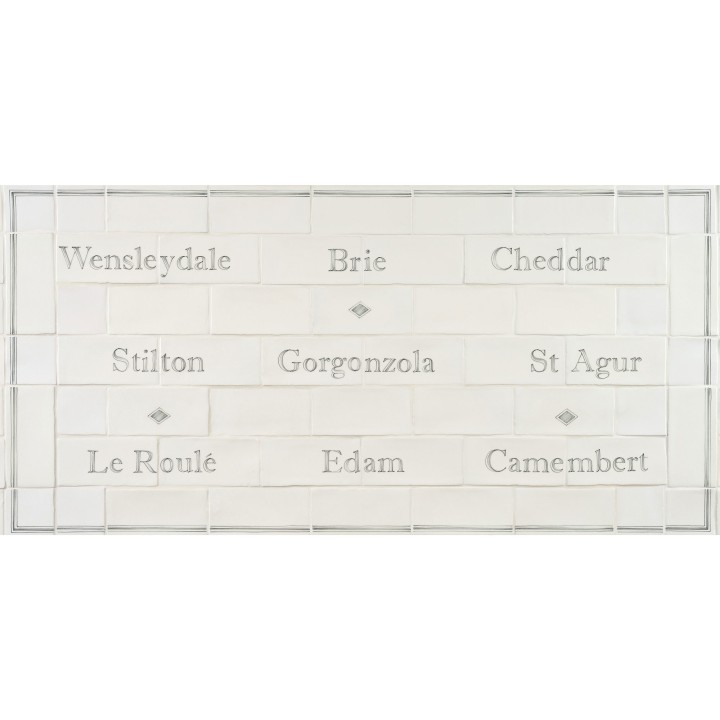 Word Tile splashback panel with names of cheeses like brie, Gorgonzola and Edam framed with a border and diamond tiles