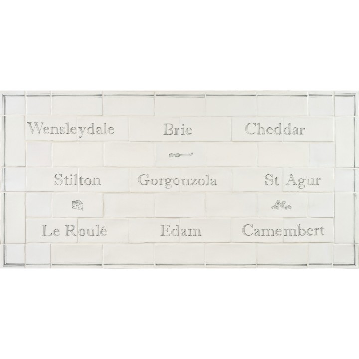 Word Tile splashback panel with names of cheese like Edam and Brie and illustrations of a cheese boards