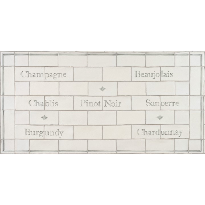 Word Tile splashback panel with names of wine like pinot noir, champagne and chardonnay framed with a border and diamond tiles