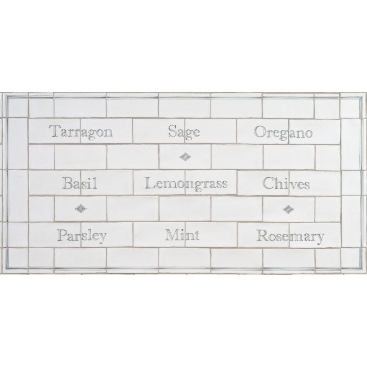Word Tile splashback panel with names of herbs like basil, lemongrass and chives framed with a border and diamond tiles