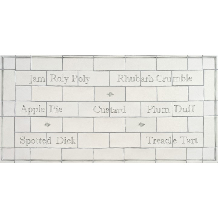 Word Tile splashback panel with names of british puddings like Apple Pie, Rhubarb Crumble and Treacle Tart framed with a border and diamond tiles