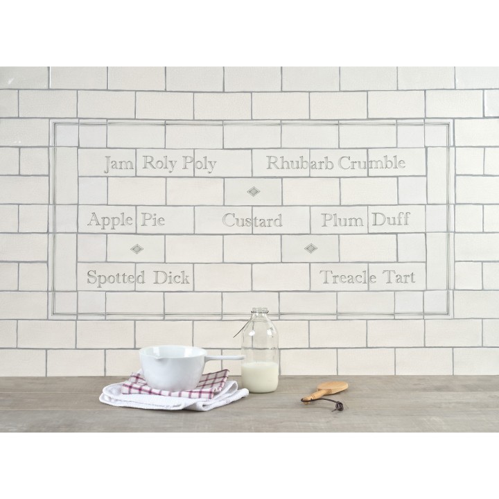 Word Tile splashback panel with names of british puddings like Apple Pie, Rhubarb Crumble and Treacle Tart framed with a border and diamond tiles
