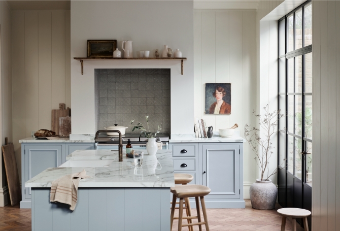 Neptune's Chichester kitchen features Ettie patterned tiles in Wool from  Marlborough Tiles