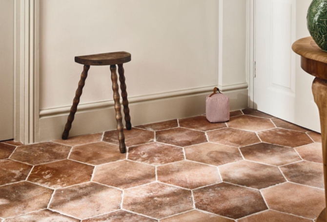 Terracotta style porcelain Andalucia floor tiles hexagon tiles on hallway floor