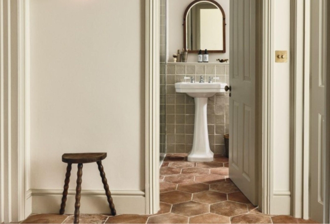 Terracotta style porcelain Andalucia floor tiles in bathroom hexagon tiles on hallway floor