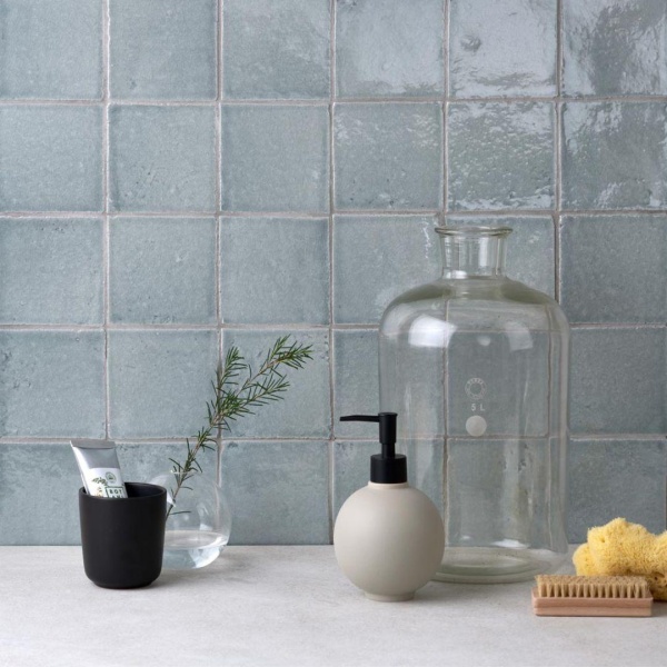 Our Halcyon collection features a variety of soothing heritage colours on a handmade, artisan biscuit with rustic finish. The colour pictured here is Grace, a delicate grey-blue. ﻿Simply beautiful in bathroom settings.