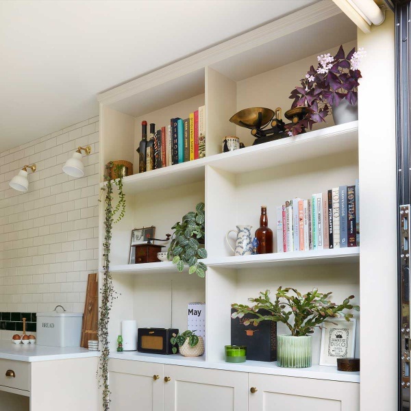 Shelving with houseplants in a white kitchen