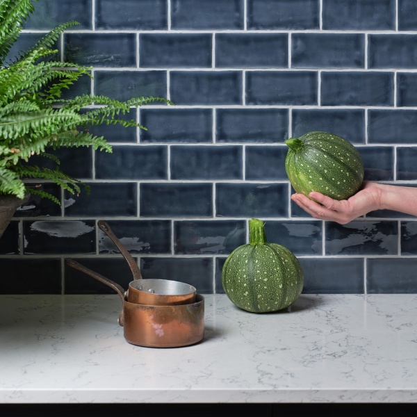 Kitchen sideboard with brick tiles in deep blue